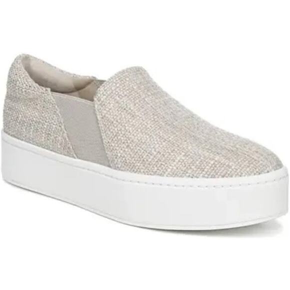 Vince Warren Platform Slip On Sneakers SZ 7.5 Natural Ecru Linen Leather Shoes - Picture 1 of 9